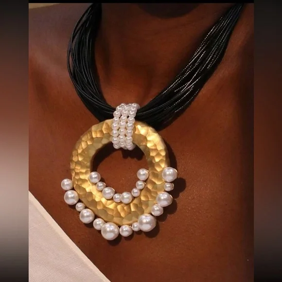 Statement Pendant Necklace | Multi-Strand Black Cord with Gold & Pearl Accents - Picture 1 of 12